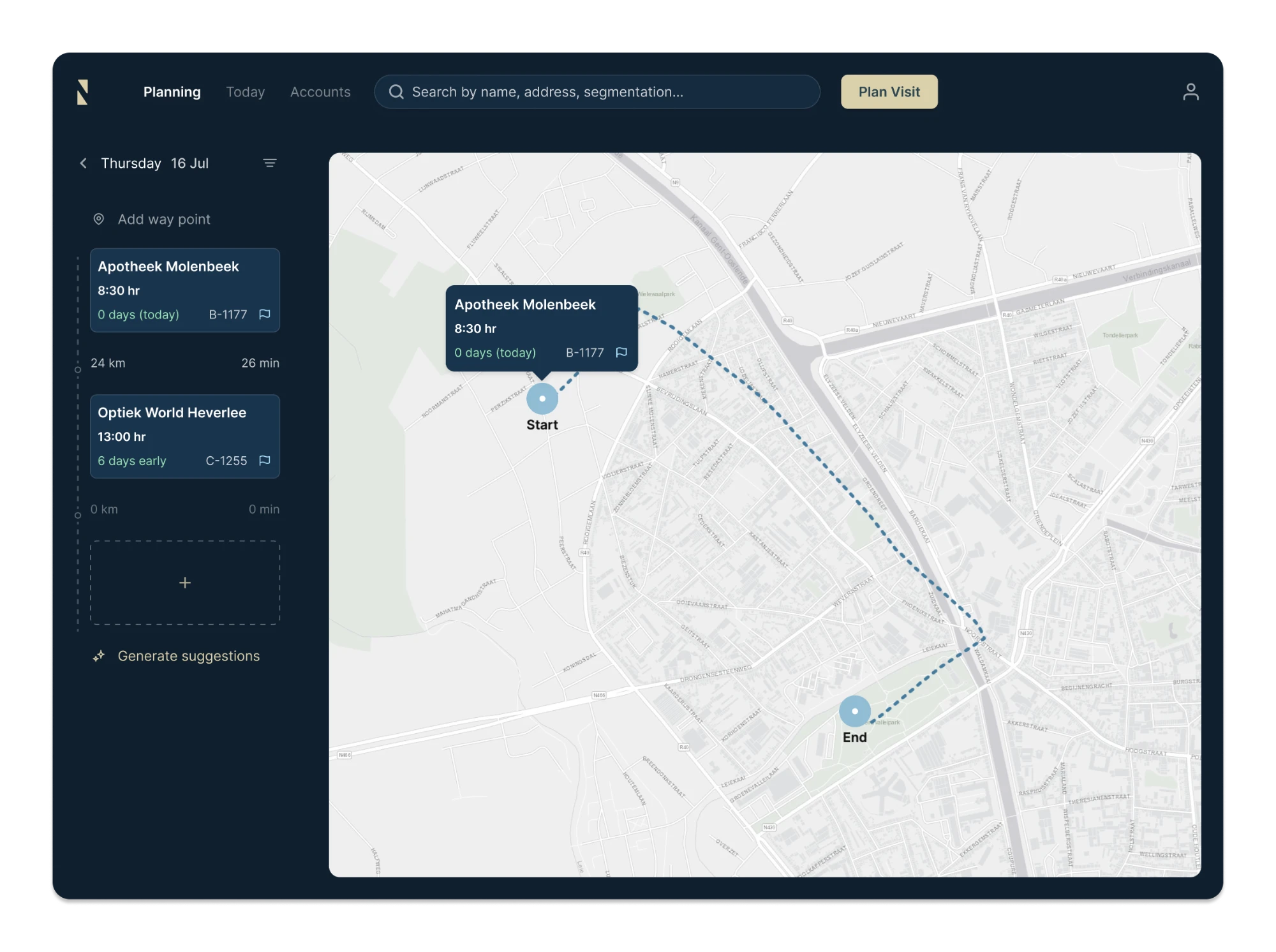 A day's route built by hand: two way points (Apotheek Molenbeek, Optiek World Heverlee) listed beside a map with their Start/End pins and the drive time between them, plus an empty way-point slot and a "Generate suggestions" action.